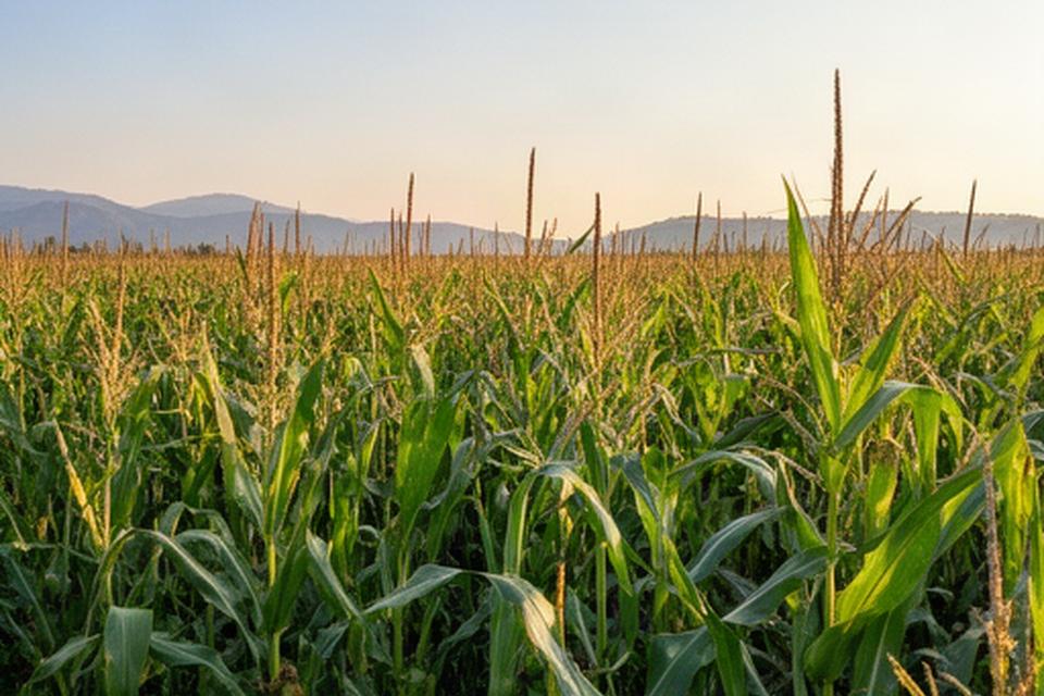 Piante di mais in un campo friulano illuminate dalla luce del mattino