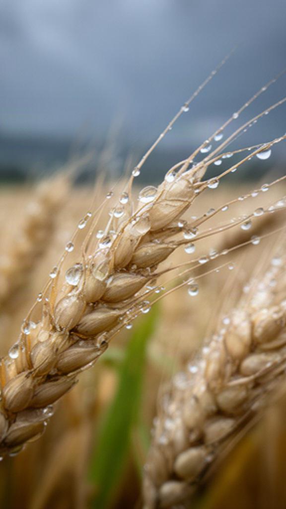 Gocce di pioggia su spighe di grano mature in un campo del Friuli