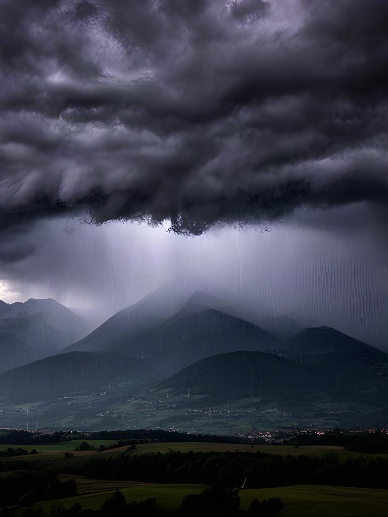 Temporale estivo sulle Prealpi friulane con pioggia visibile e cielo scuro