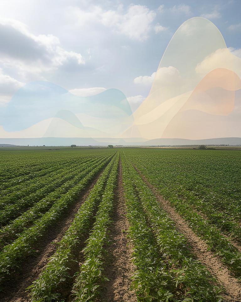 Campo coltivato nel Friuli Venezia Giulia con cielo variabile e dati meteo sovrapposti