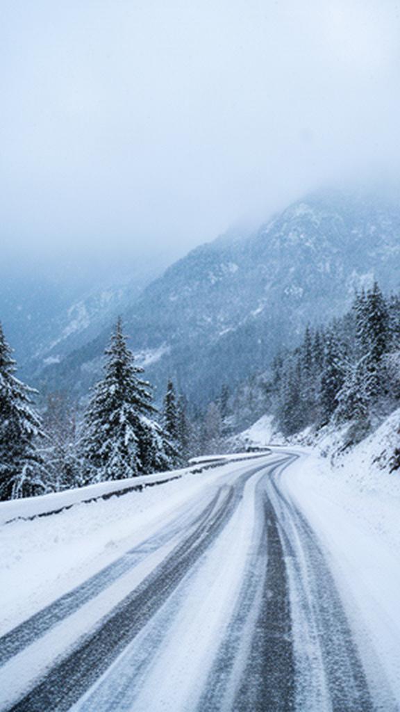 Neve sulla strada di montagna in Friuli con carreggiata parzialmente coperta