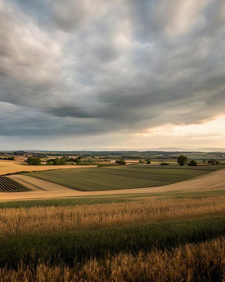 Campi agricoli vicino a Spilimbergo sotto un cielo nuvoloso di fine estate