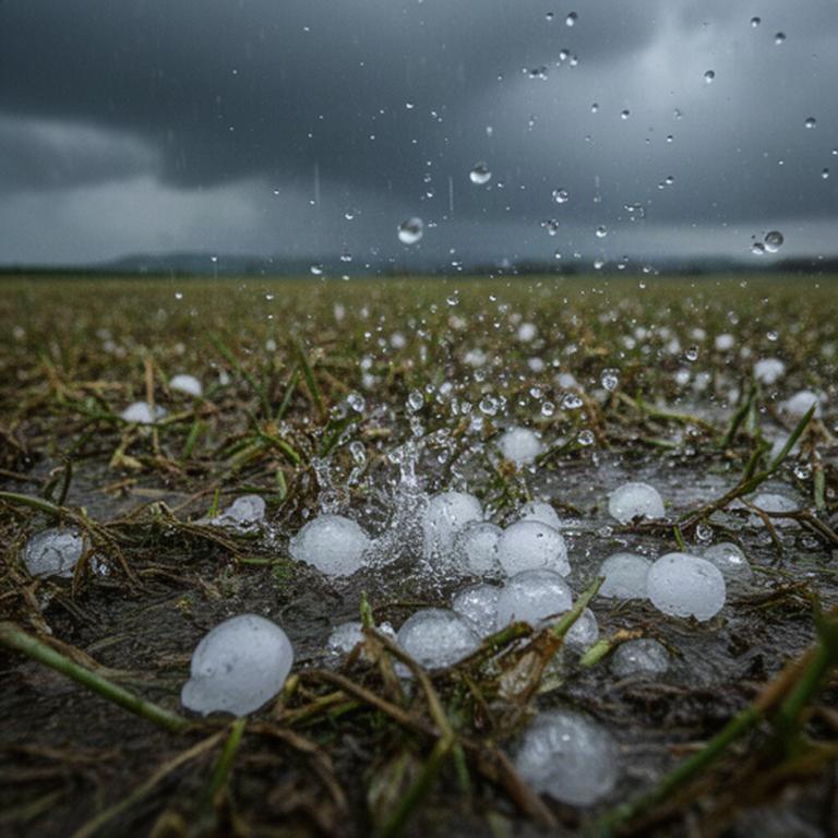 Grandine su un campo agricolo friulano durante un rovescio intenso
