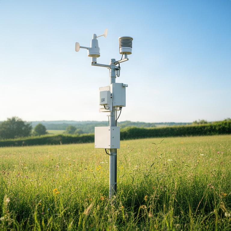 Stazione meteorologica automatica installata accanto a un prato in una giornata luminosa