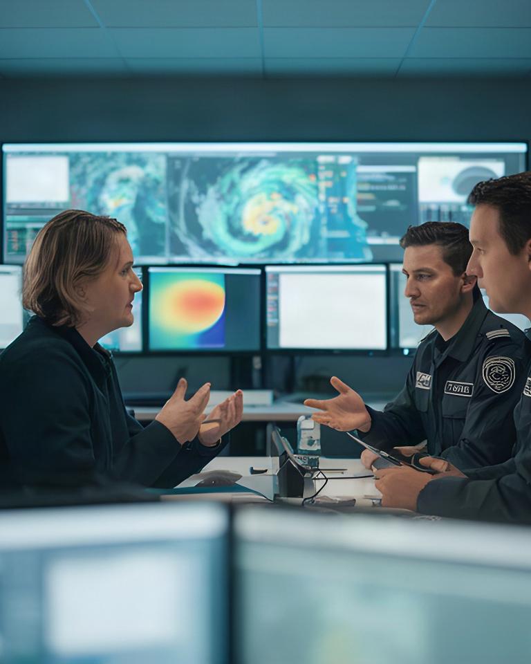 Operatori della protezione civile regionale davanti a una sala di monitoraggio meteorologico