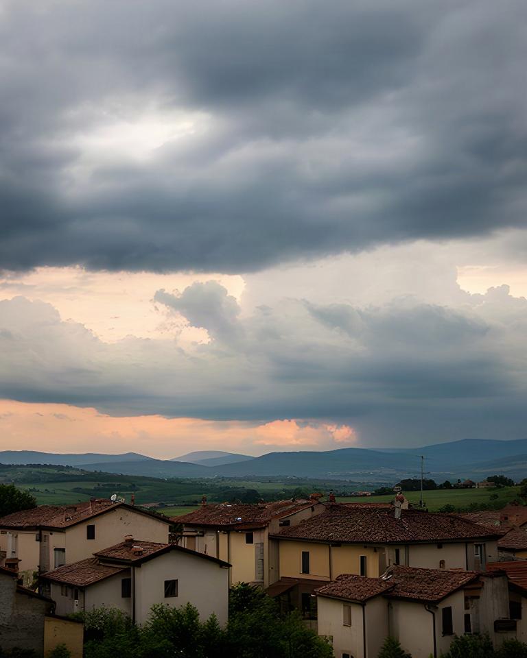 Nuvolosità stratificata sopra i tetti di un paese friulano nel tardo pomeriggio