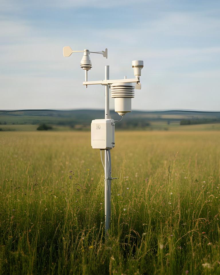 Stazione meteorologica automatica installata in un prato con sensori rivolti verso il cielo
