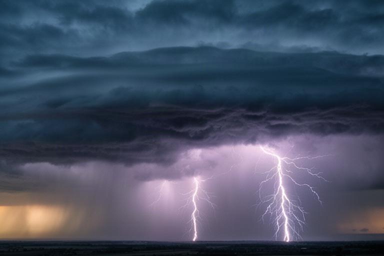 Fulmini in lontananza sopra l orizzonte durante un temporale serale