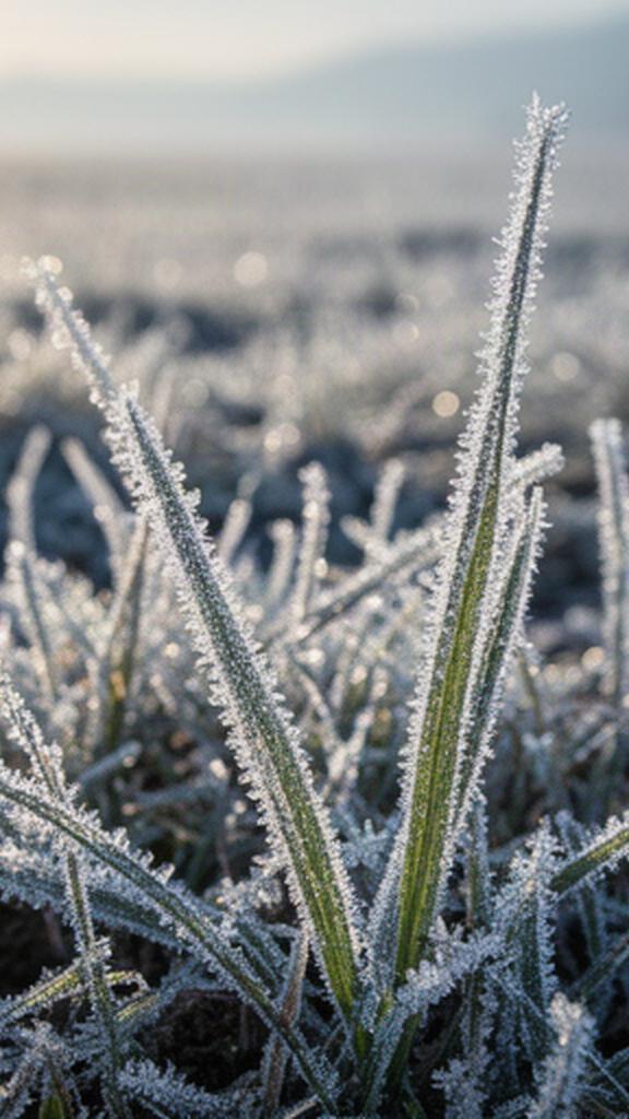 Brina sulle erbe di un campo friulano durante una mattina invernale