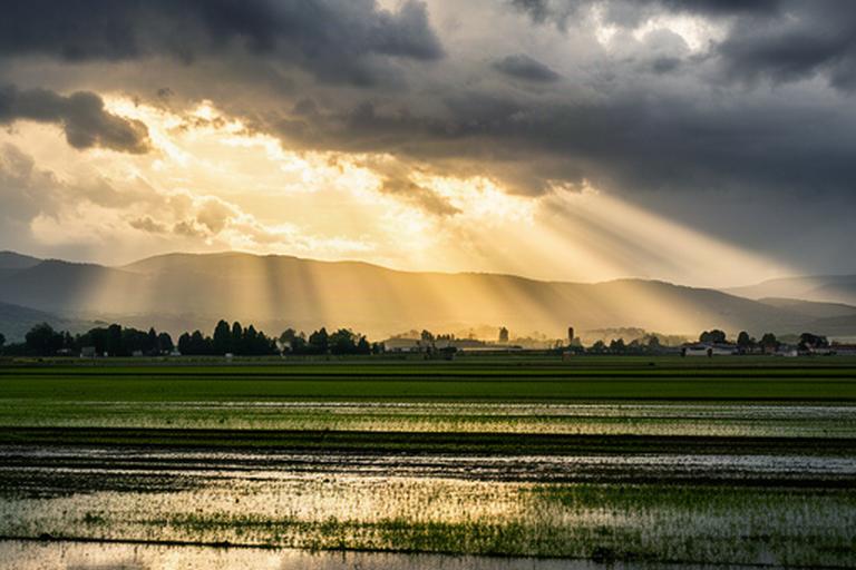Orizzonte della pianura friulana dopo la pioggia con nuvole illuminate dal sole
