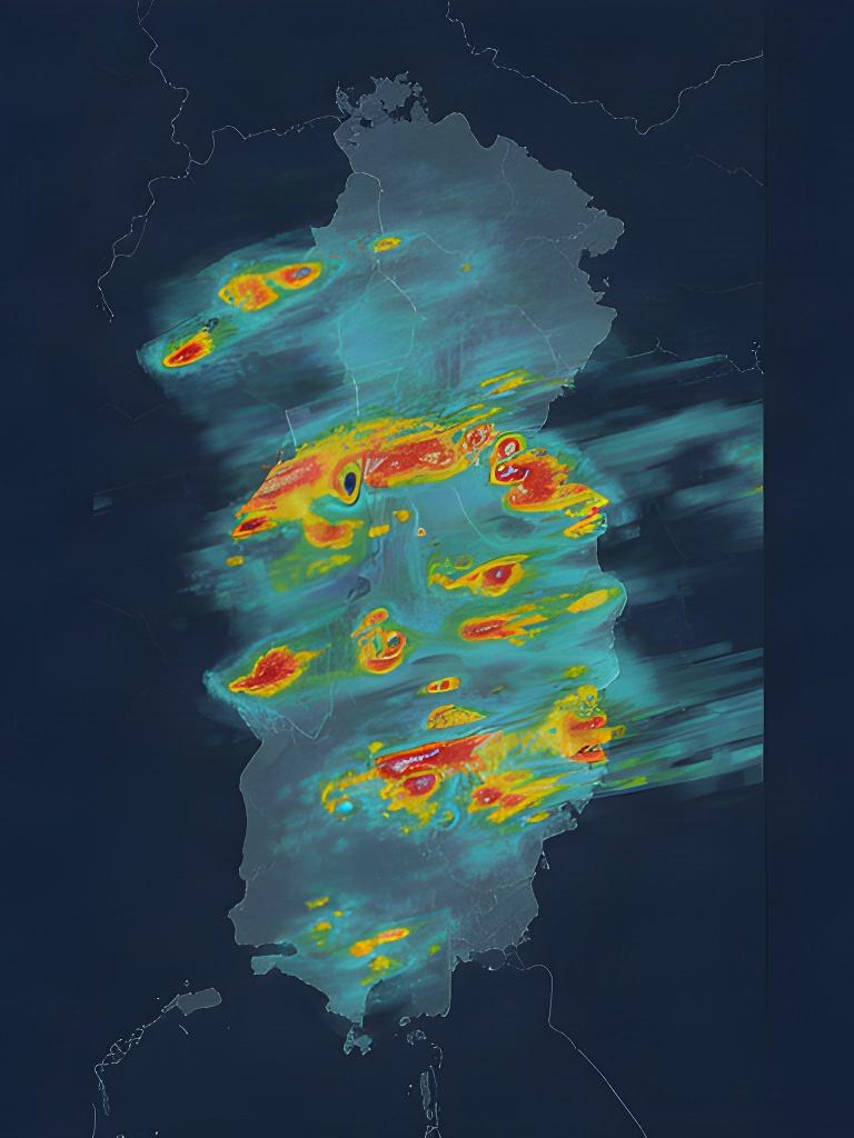 Mappa radar delle precipitazioni sul Friuli Venezia Giulia con nuclei di pioggia evidenziati