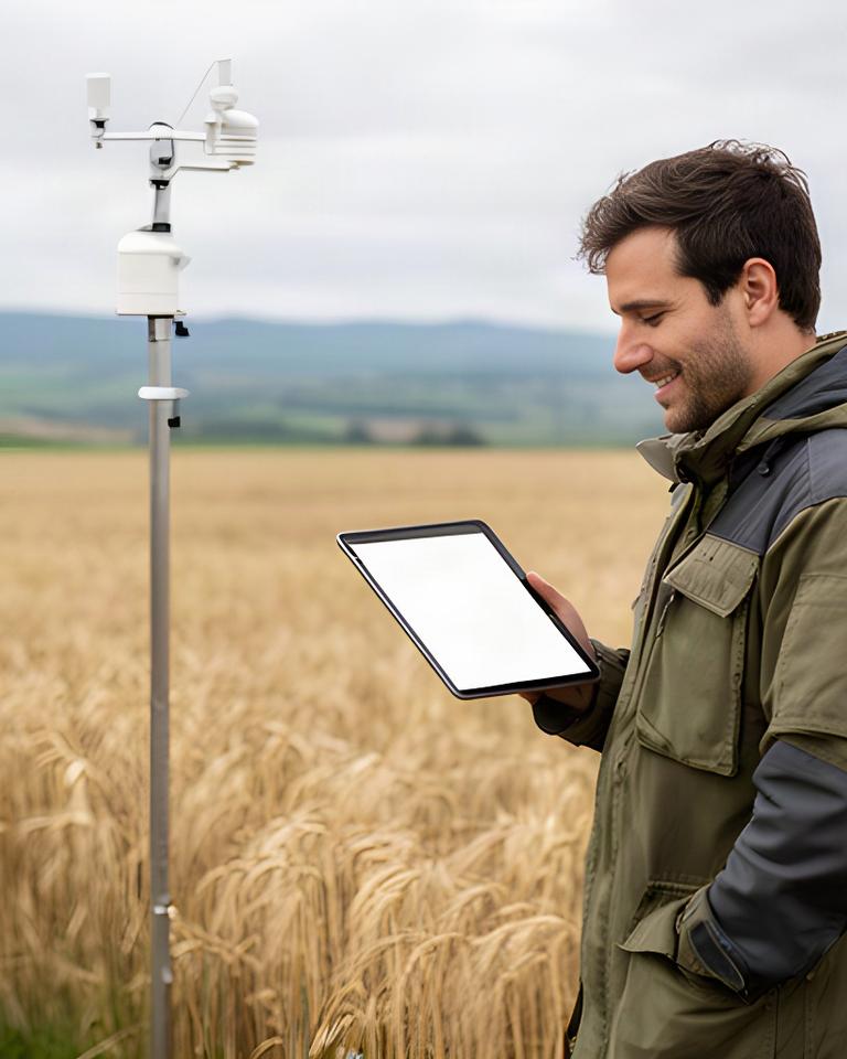 Tecnico con tablet che controlla misure meteorologiche vicino a un campo agricolo