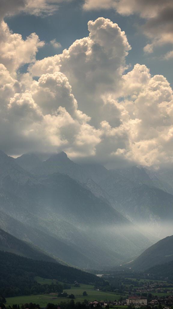 Banchi di nubi sulle Alpi friulane osservati dal fondovalle in una giornata variabile