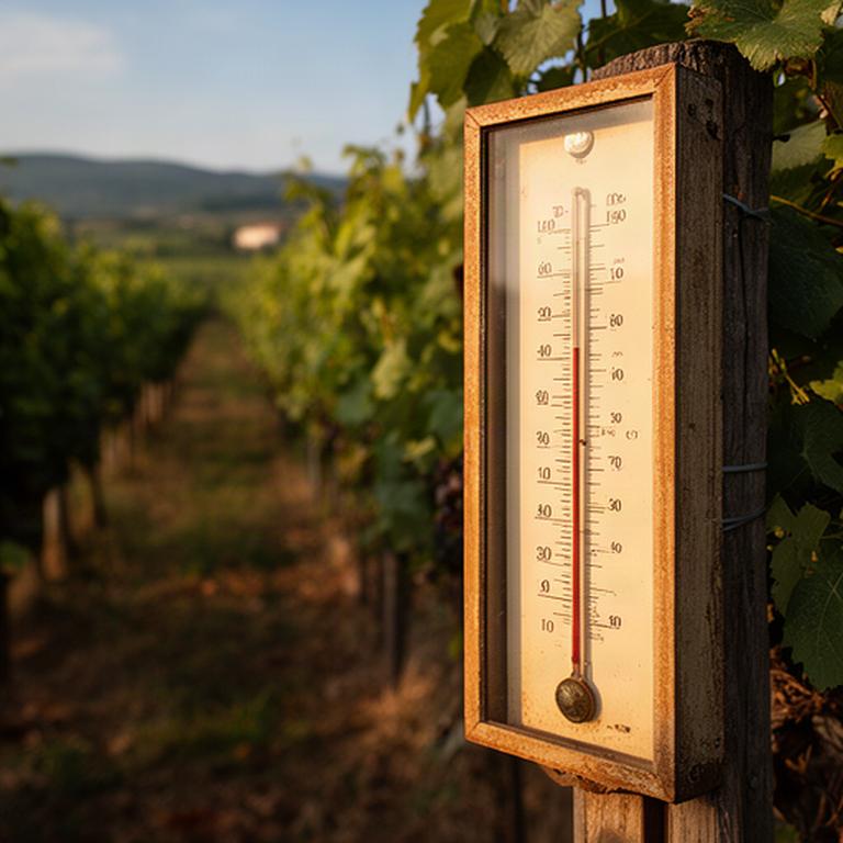 Termometro meteorologico accanto a filari di vite nella campagna di Spilimbergo