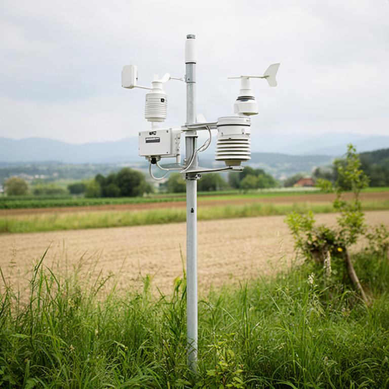Stazione meteorologica automatica con pluviometro e sensori in un giardino rurale friulano