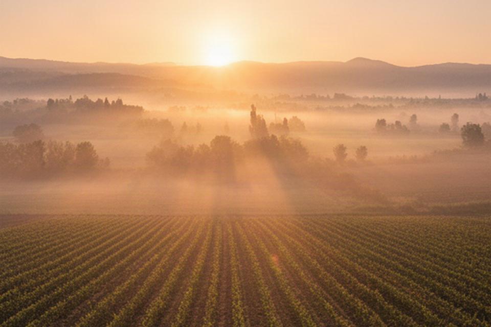 Alba dorata sulla campagna friulana con filari e foschia vicino a Spilimbergo