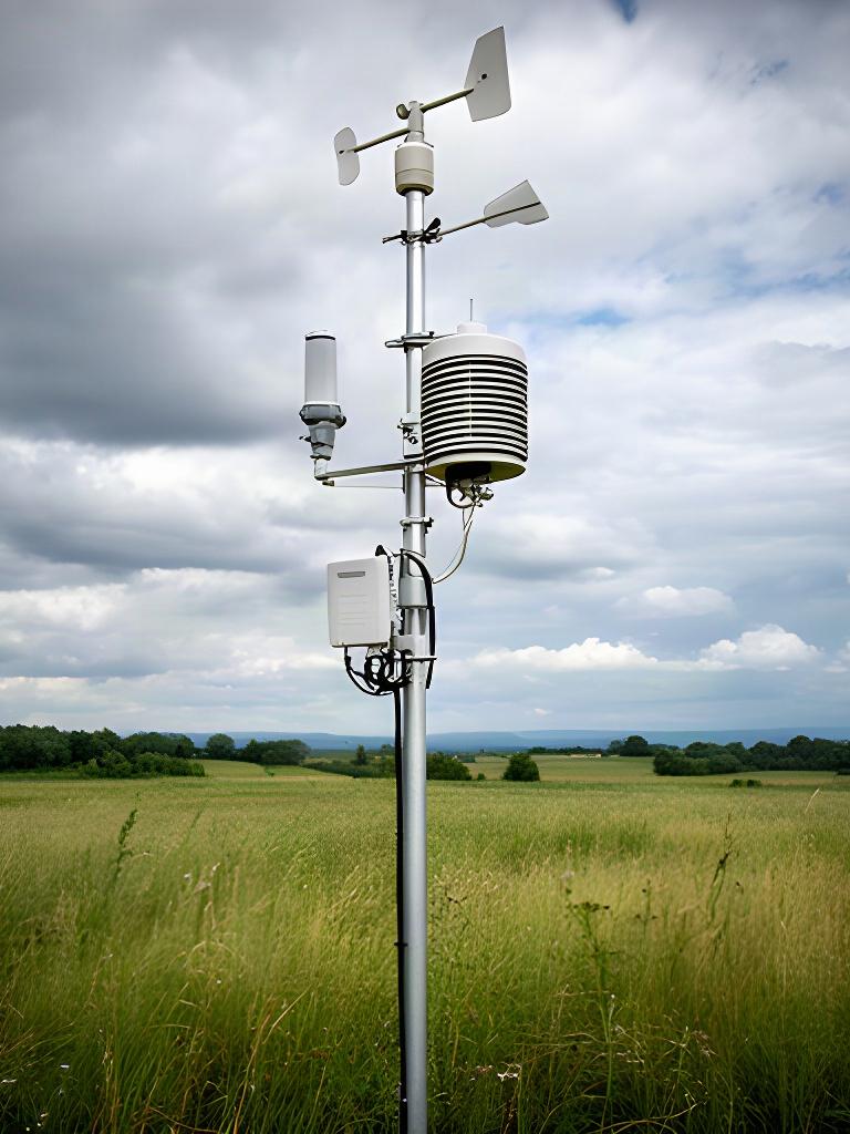 Stazione meteorologica automatica in un prato friulano con sensori e cielo variabile