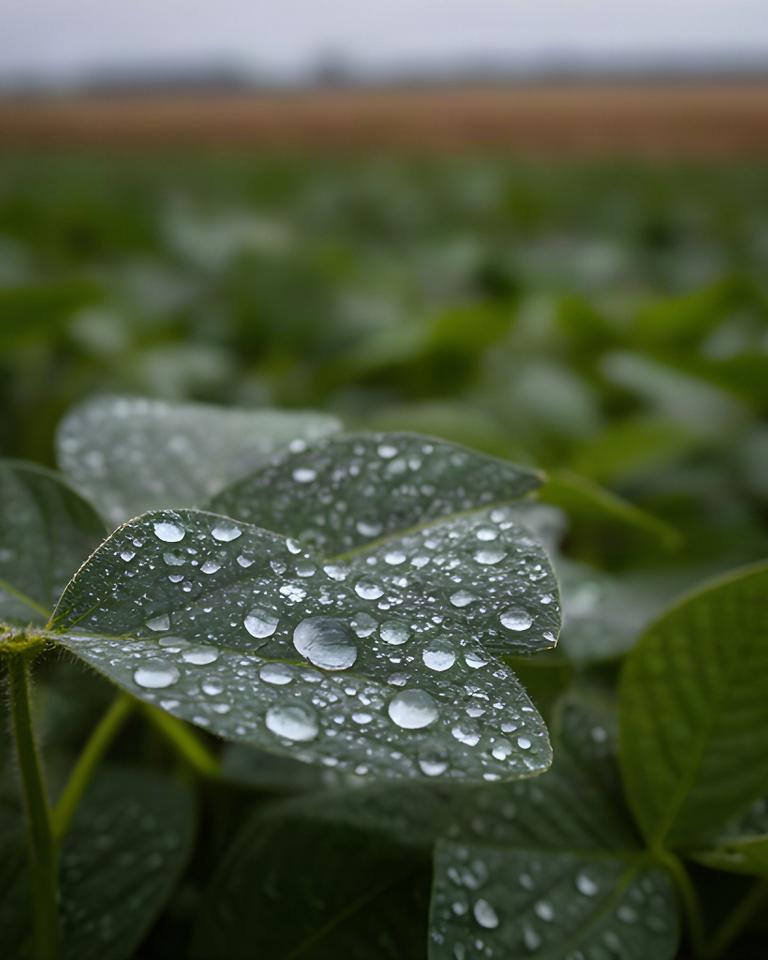 Gocce di pioggia su foglie di soia coltivate nella pianura friulana