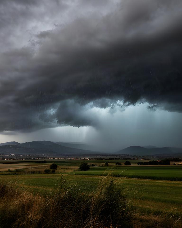 Temporale estivo sul Friuli Venezia Giulia con nuvole scure e pioggia intensa